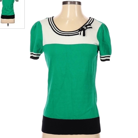 Elle Short Sleeve Sweater Top Green Black White Bow Collar Women's XS Preppy EUC - Picture 1 of 8